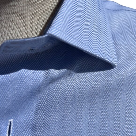 LORENZO UOMO Men's Blue Herringbone Shirt Trim Fit Button Up - 16 (34-35) - Picture 4 of 7